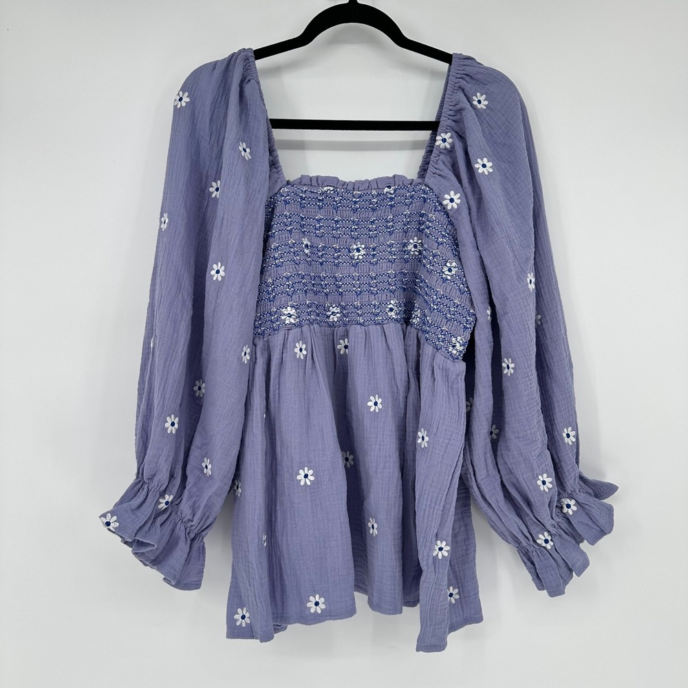 Chic Soul Wildflower Wonder Periwinkle Smocked Balloon Sleeve Blouse Peplum 3X